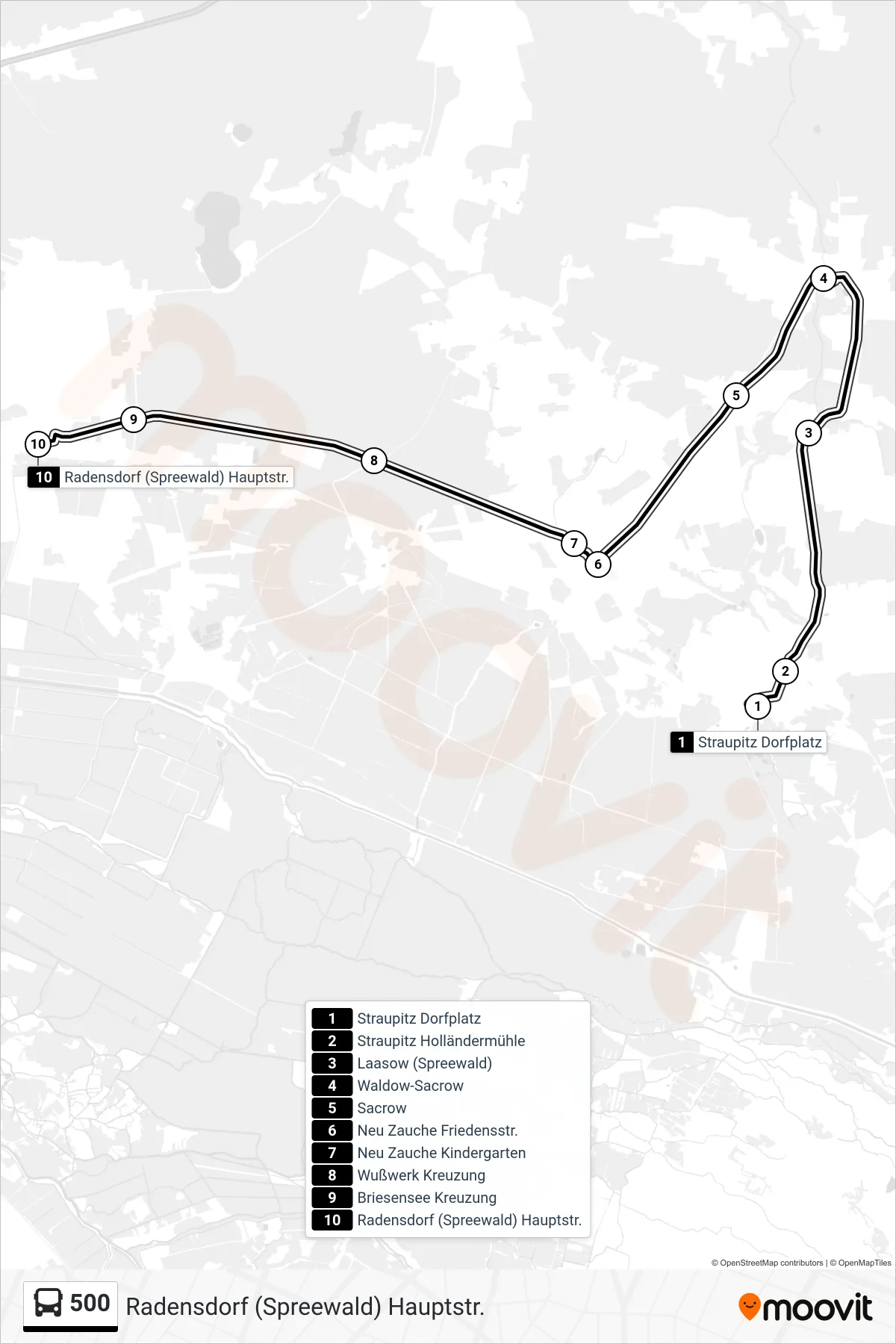 Linie 500 (Bus) Richtung Radensdorf (Spreewald) Hauptstr.: Route und Haltestellen auf der Karte
