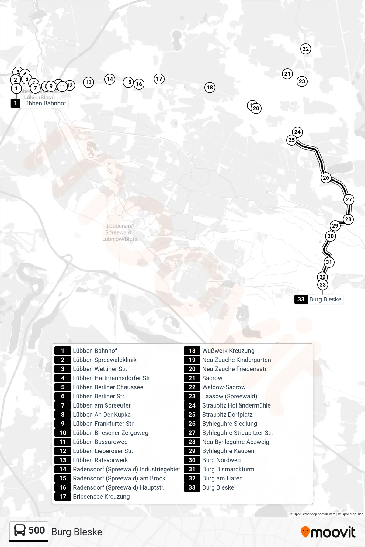 Linie 500 (Bus) Richtung Burg Bleske: Route und Haltestellen auf der Karte