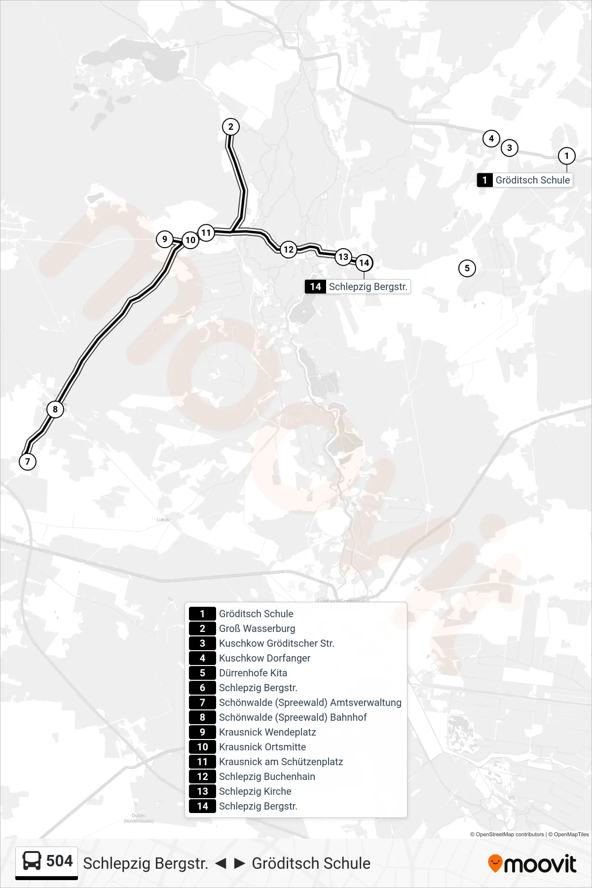 Linie 504 (Bus) Richtung Schlepzig Bergstr.: Route und Haltestellen auf der Karte