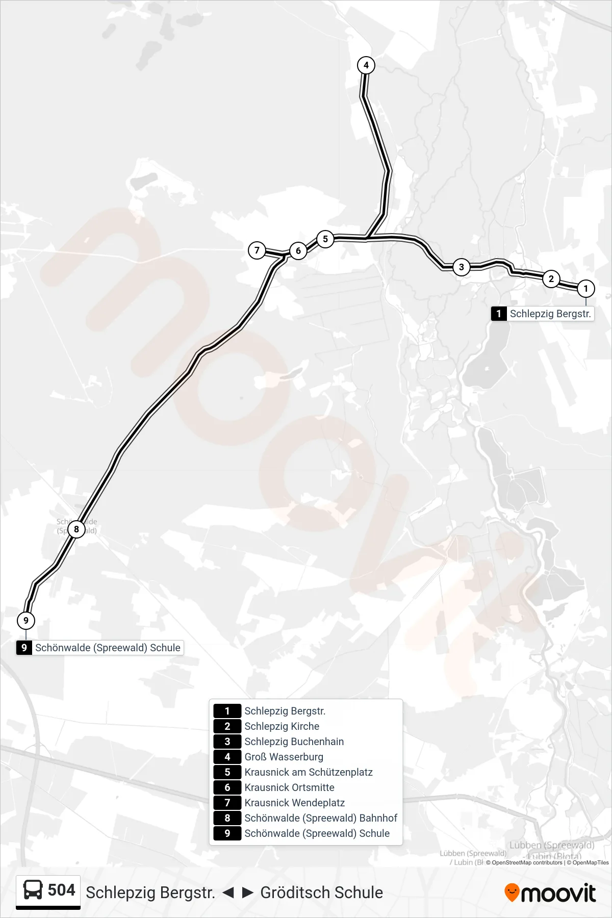 Linie 504 (Bus) Richtung Schönwalde (Spreewald) Schule: Route und Haltestellen auf der Karte