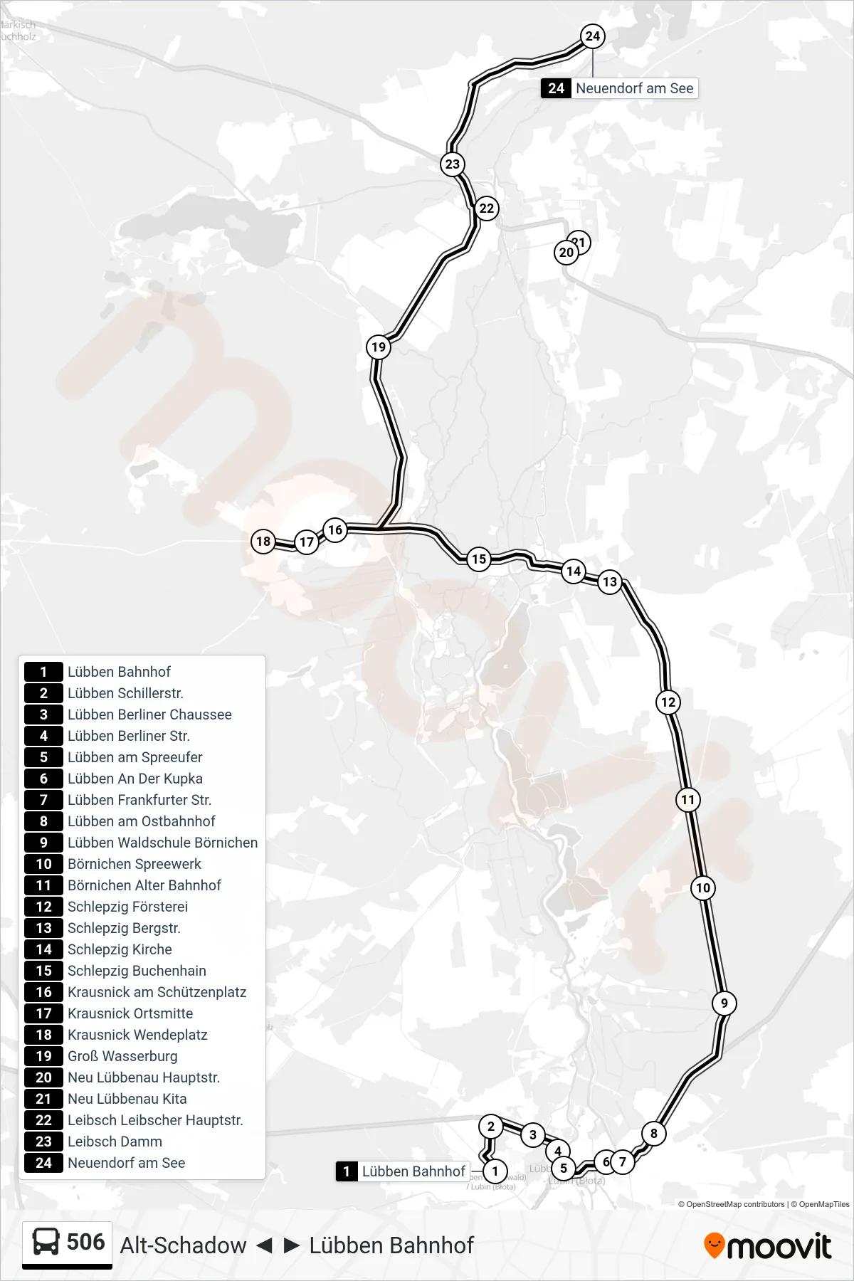 506 bus Line (Neuendorf am See) route and stops on a map