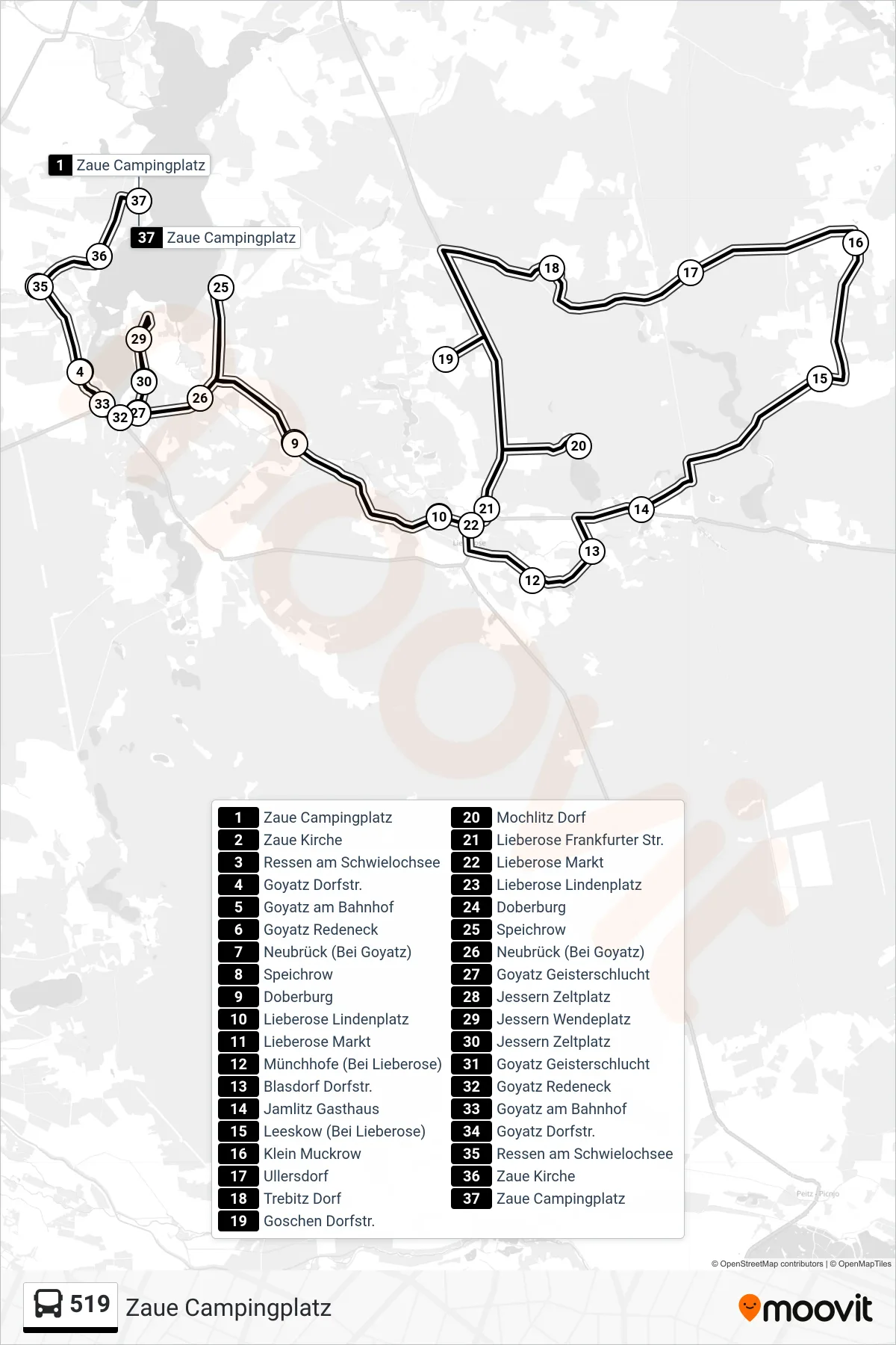 519 bus Line (Zaue Campingplatz) route and stops on a map