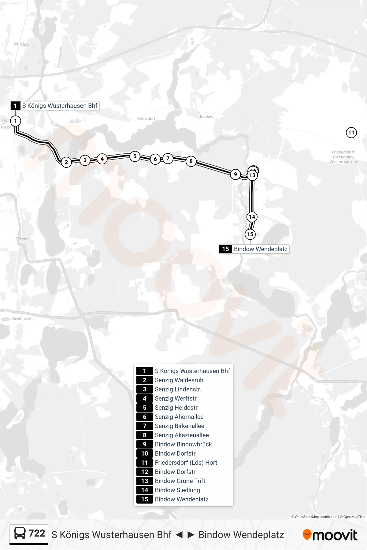 Linie 722 (Bus) Richtung Bindow Wendeplatz: Route und Haltestellen auf der Karte