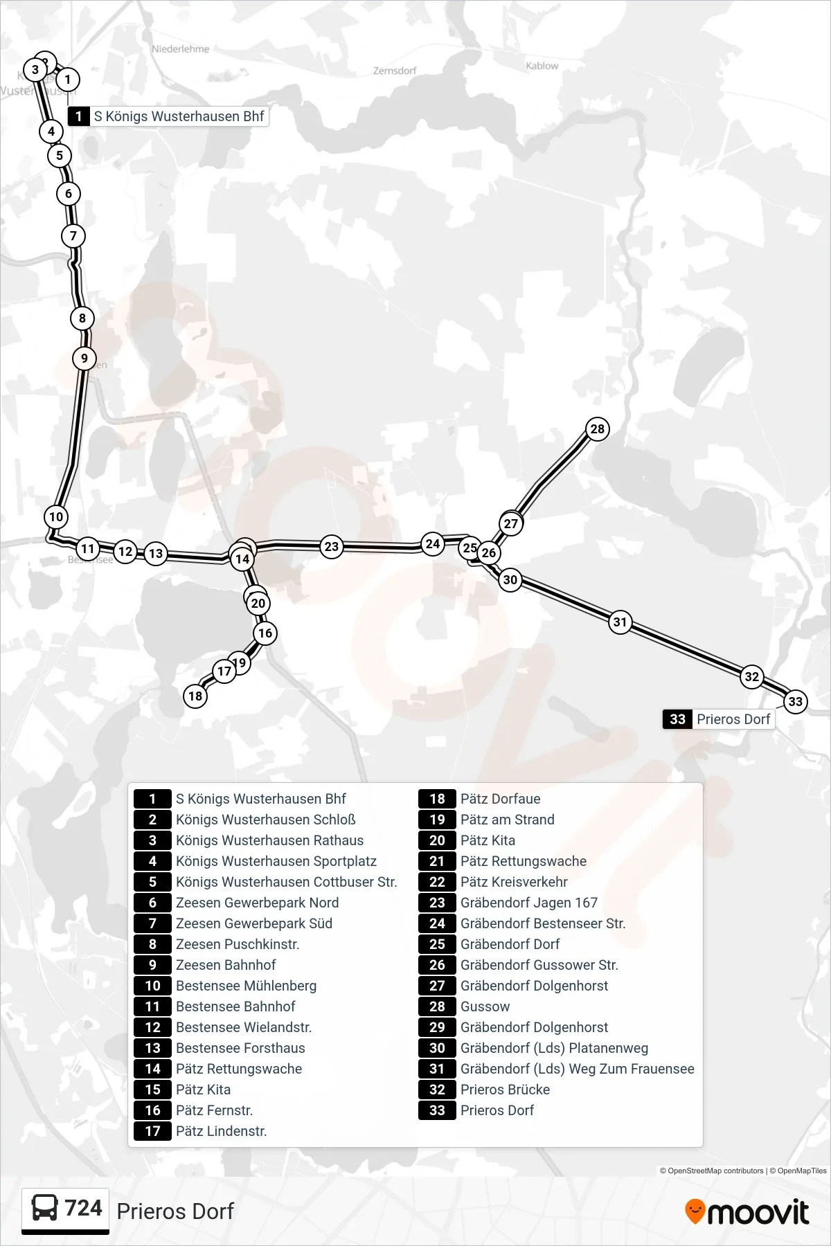 Linie 724 (Bus) Richtung Prieros Dorf: Route und Haltestellen auf der Karte