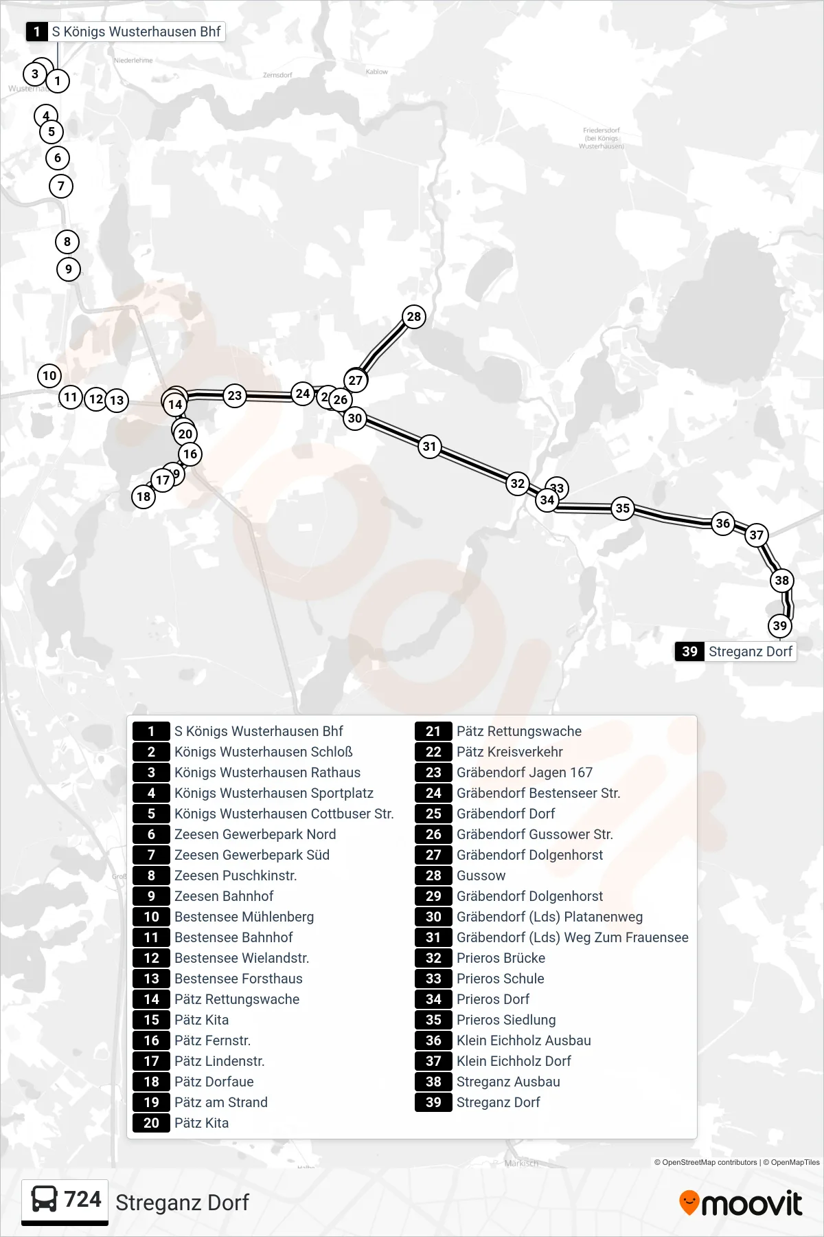 724 bus Line (Streganz Dorf) route and stops on a map