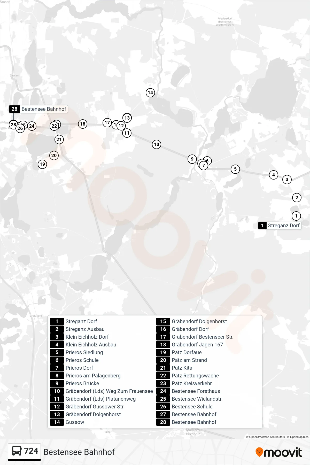 724 bus Line (Bestensee Bahnhof) route and stops on a map