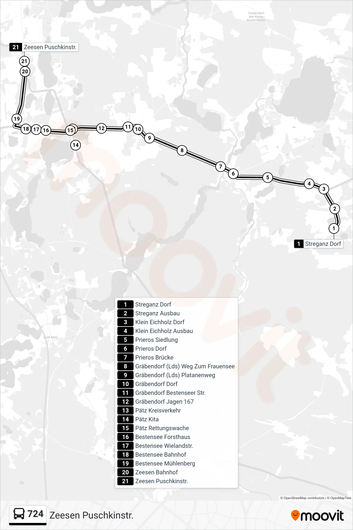 Linie 724 (Bus) Richtung Zeesen Puschkinstr.: Route und Haltestellen auf der Karte