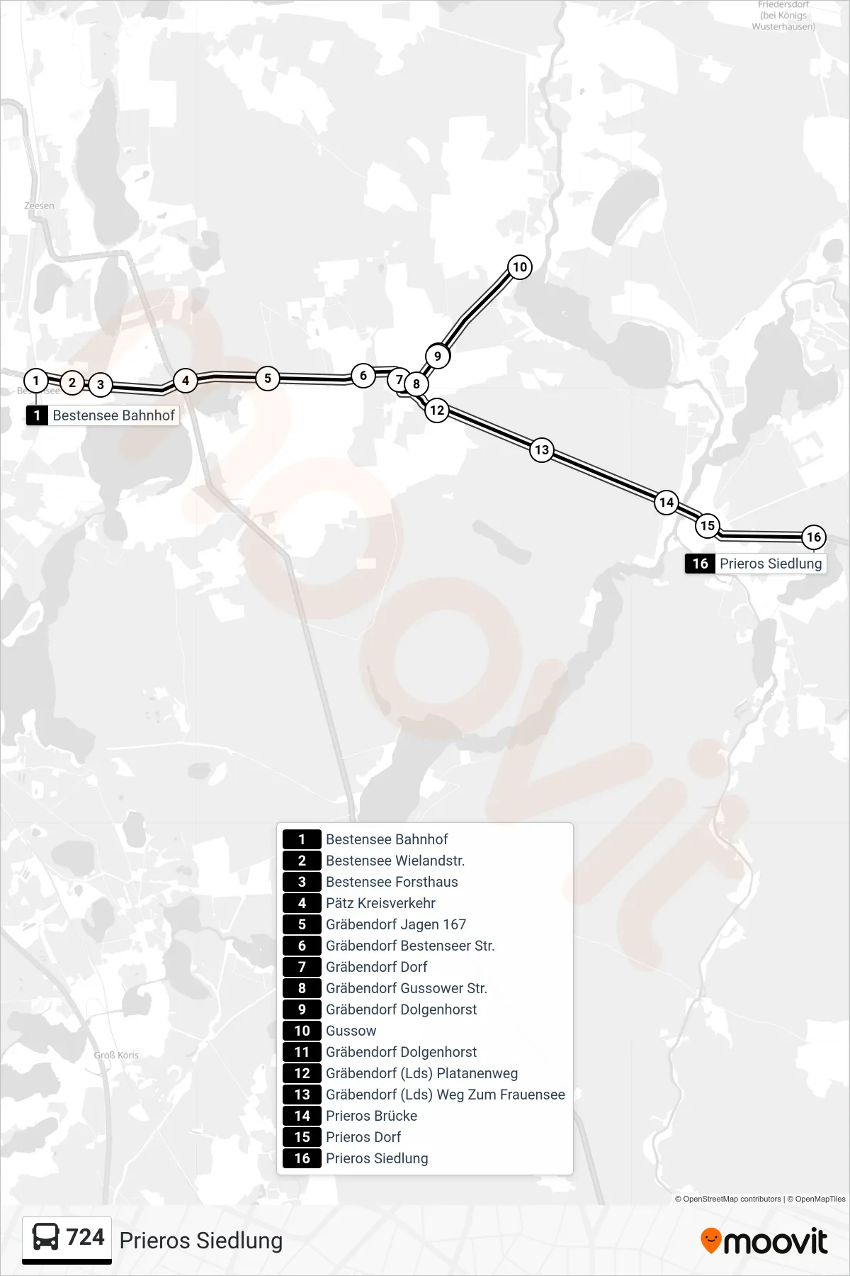 Linie 724 (Bus) Richtung Prieros Siedlung: Route und Haltestellen auf der Karte