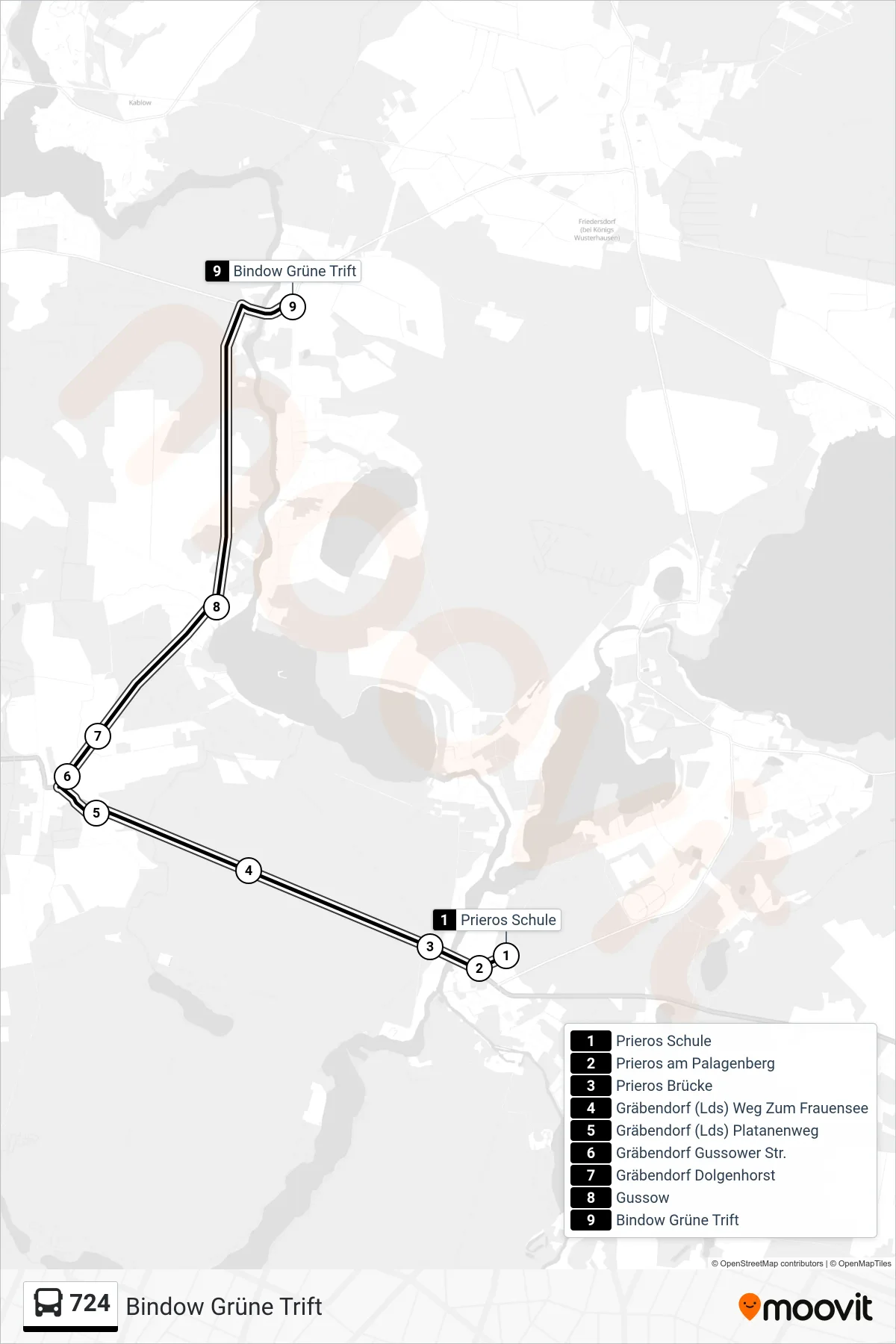 Linie 724 (Bus) Richtung Bindow Grüne Trift: Route und Haltestellen auf der Karte