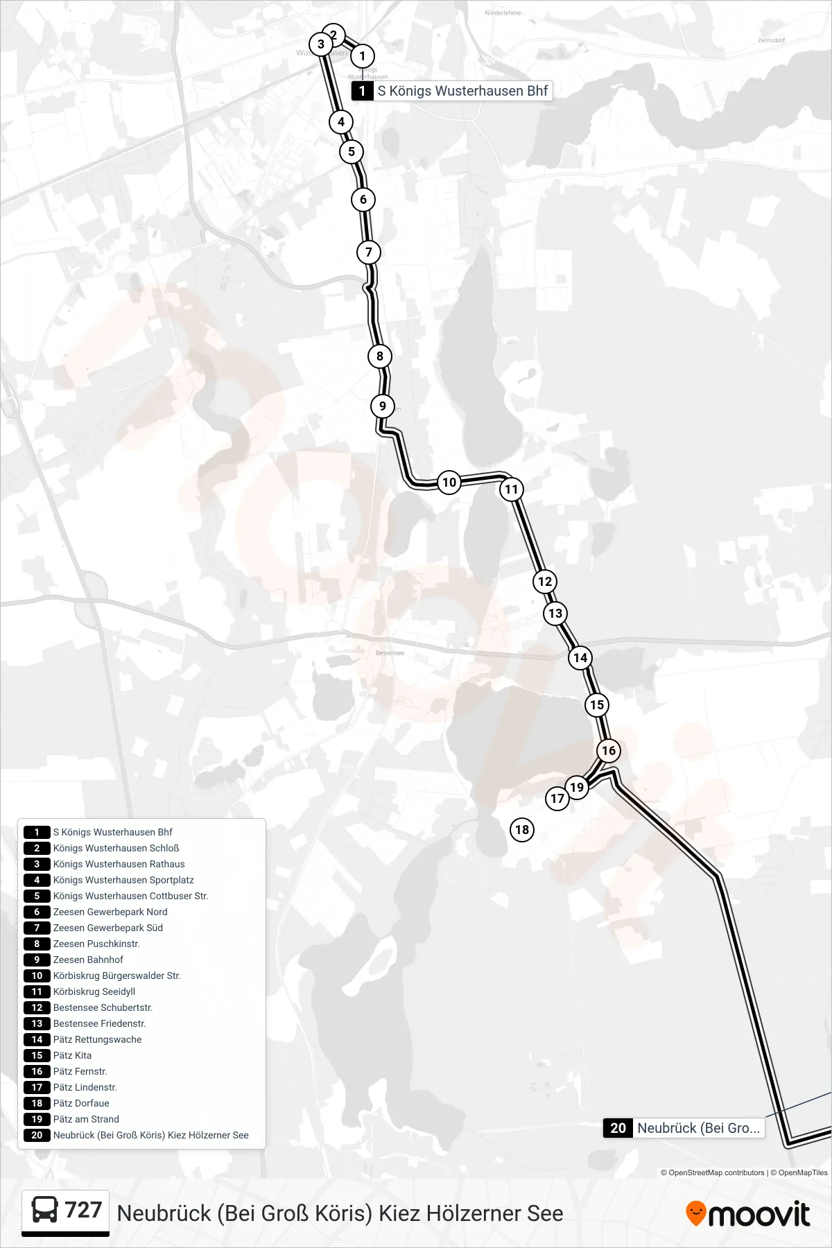 727 bus Line (Neubrück (Bei Groß Köris) Kiez Hölzerner See) route and stops on a map