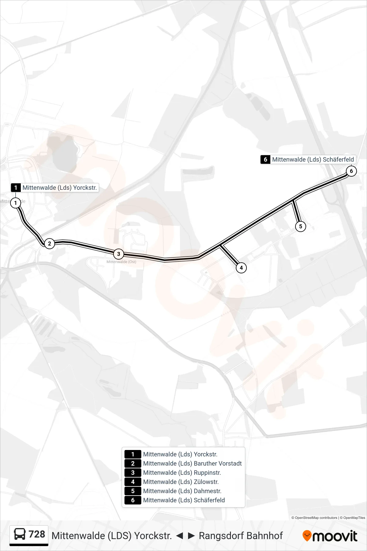 728 bus Line (Mittenwalde (Lds) Schäferfeld) route and stops on a map