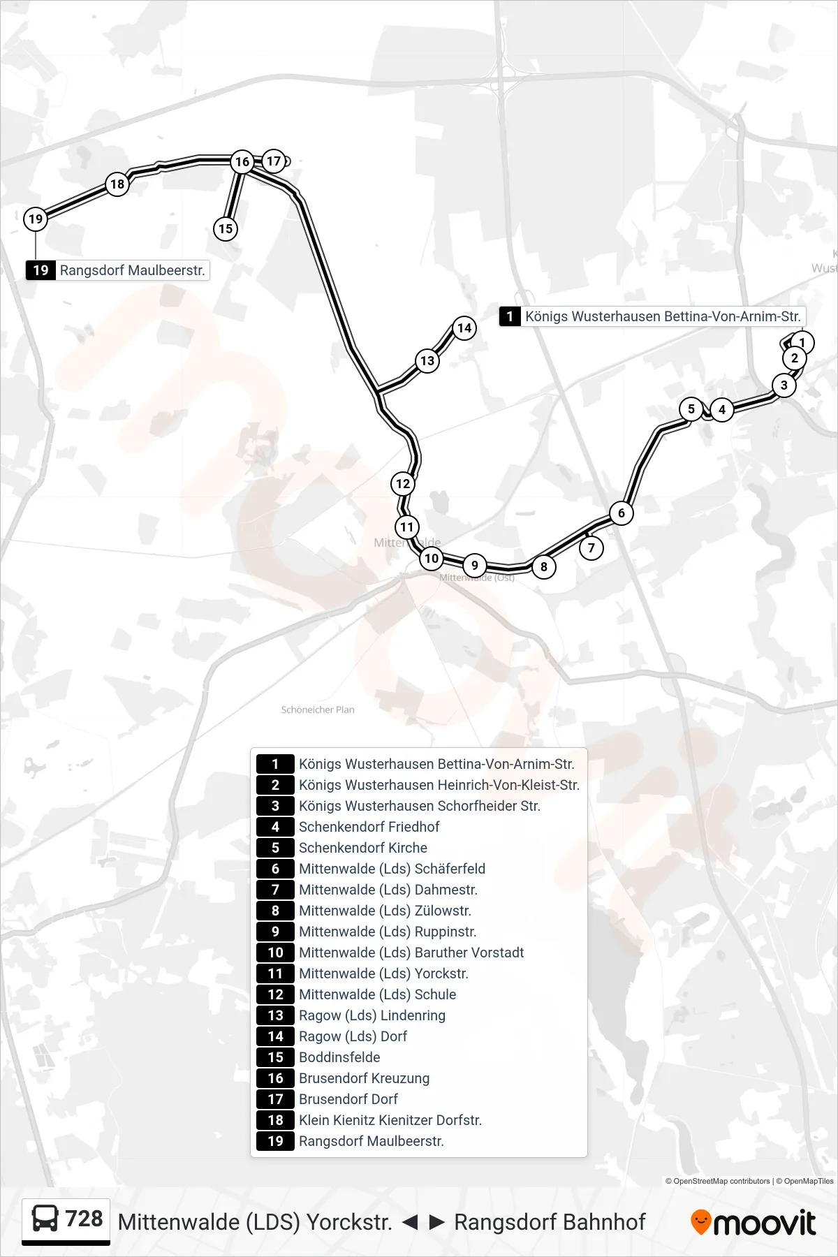 Linie 728 (Bus) Richtung Rangsdorf Maulbeerstr.: Route und Haltestellen auf der Karte