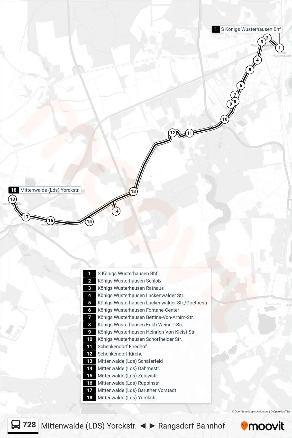 Linie 728 (Bus) Richtung Mittenwalde (Lds) Yorckstr.: Route und Haltestellen auf der Karte