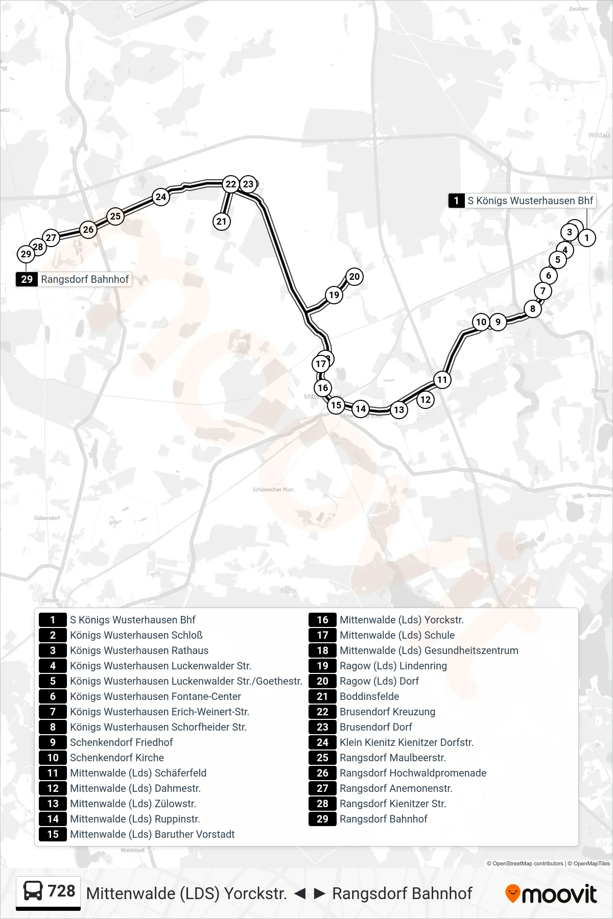 728 bus Line (Rangsdorf Bahnhof) route and stops on a map