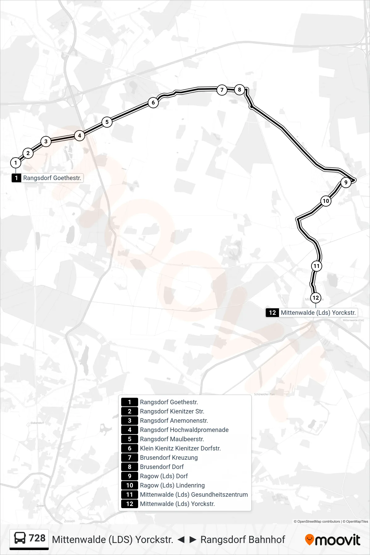 728 bus Line (Mittenwalde (Lds) Yorckstr.) route and stops on a map
