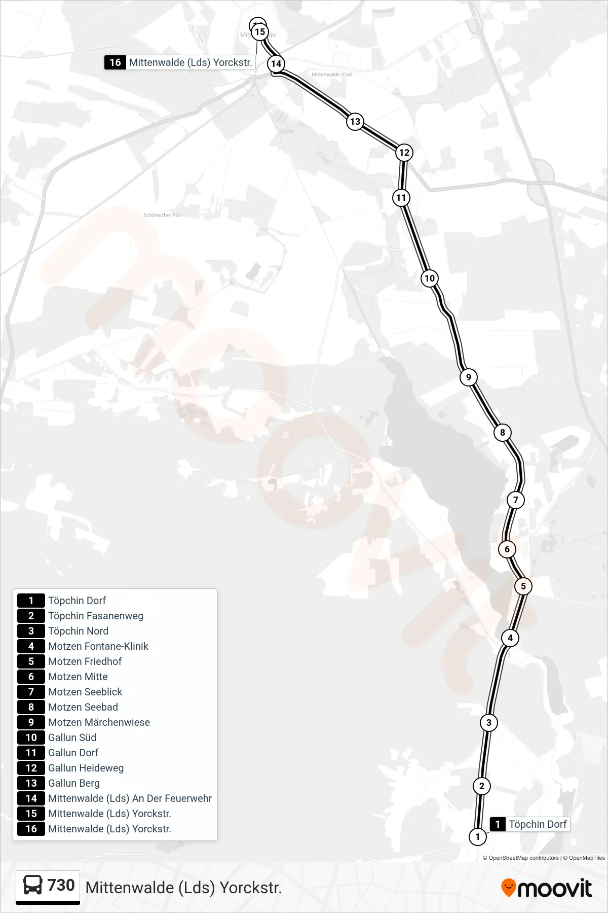 Linie 730 (Bus) Richtung Mittenwalde (Lds) Yorckstr.: Route und Haltestellen auf der Karte