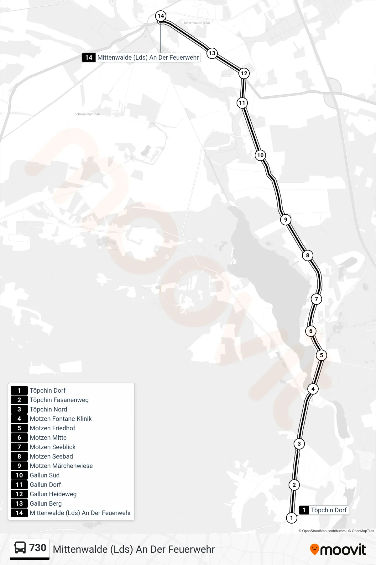 Linie 730 (Bus) Richtung Mittenwalde (Lds) An Der Feuerwehr: Route und Haltestellen auf der Karte