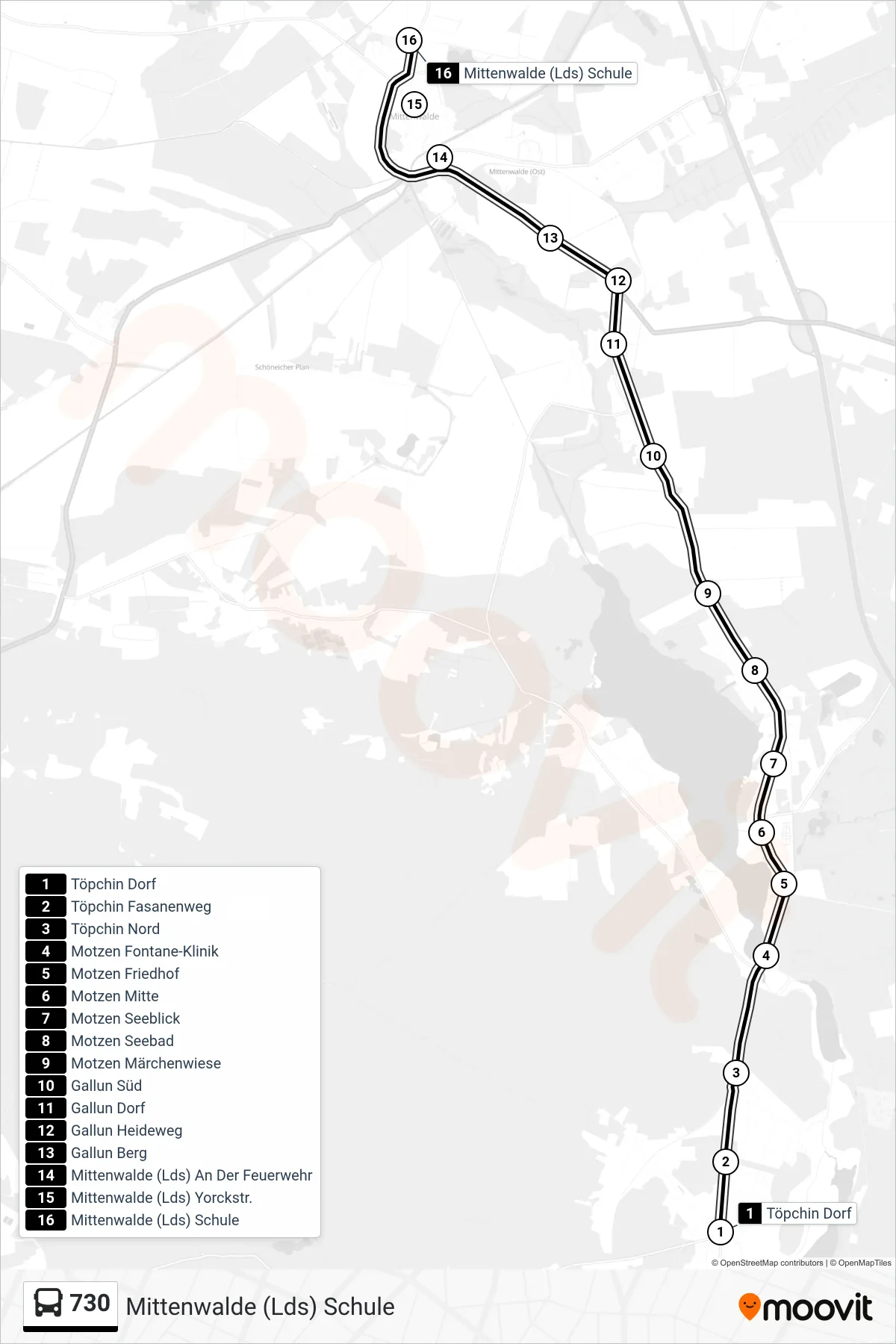 Linie 730 (Bus) Richtung Mittenwalde (Lds) Schule: Route und Haltestellen auf der Karte