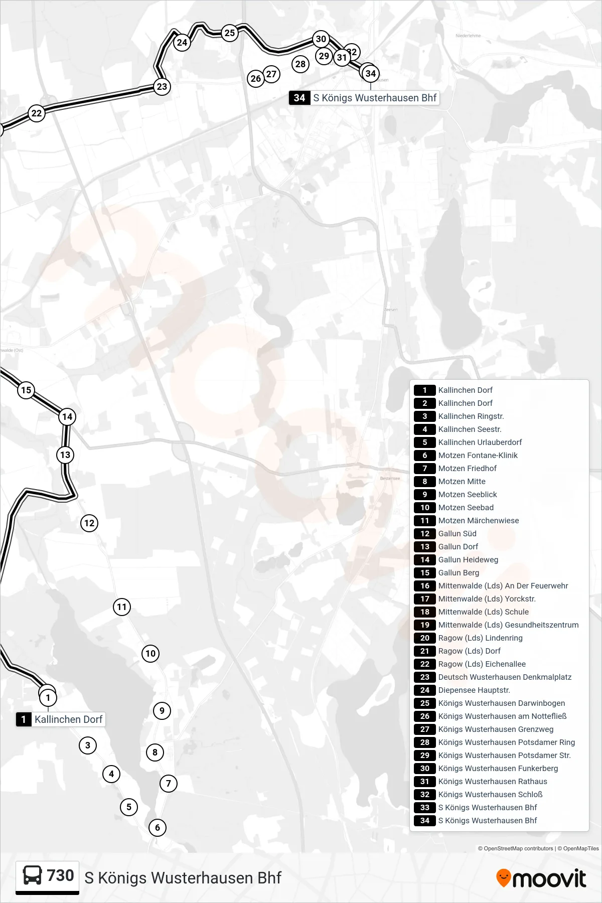 730 bus Line (S Königs Wusterhausen Bhf) route and stops on a map