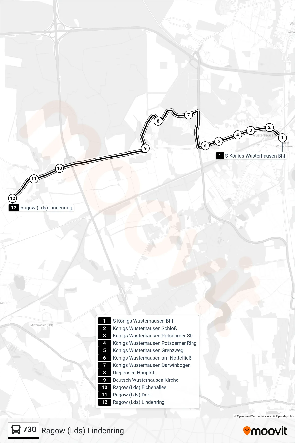 Linie 730 (Bus) Richtung Ragow (Lds) Lindenring: Route und Haltestellen auf der Karte