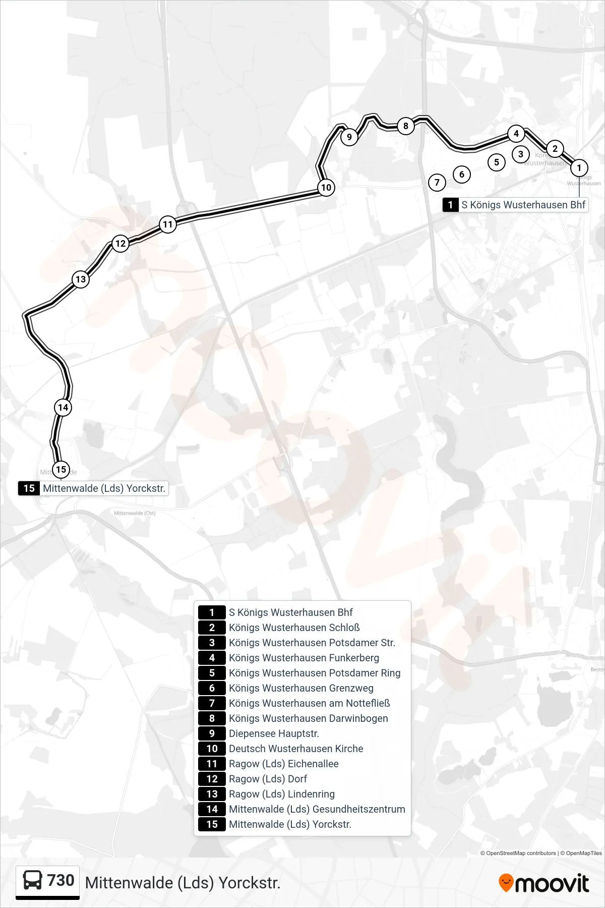 Linie 730 (Bus) Richtung Mittenwalde (Lds) Yorckstr.: Route und Haltestellen auf der Karte