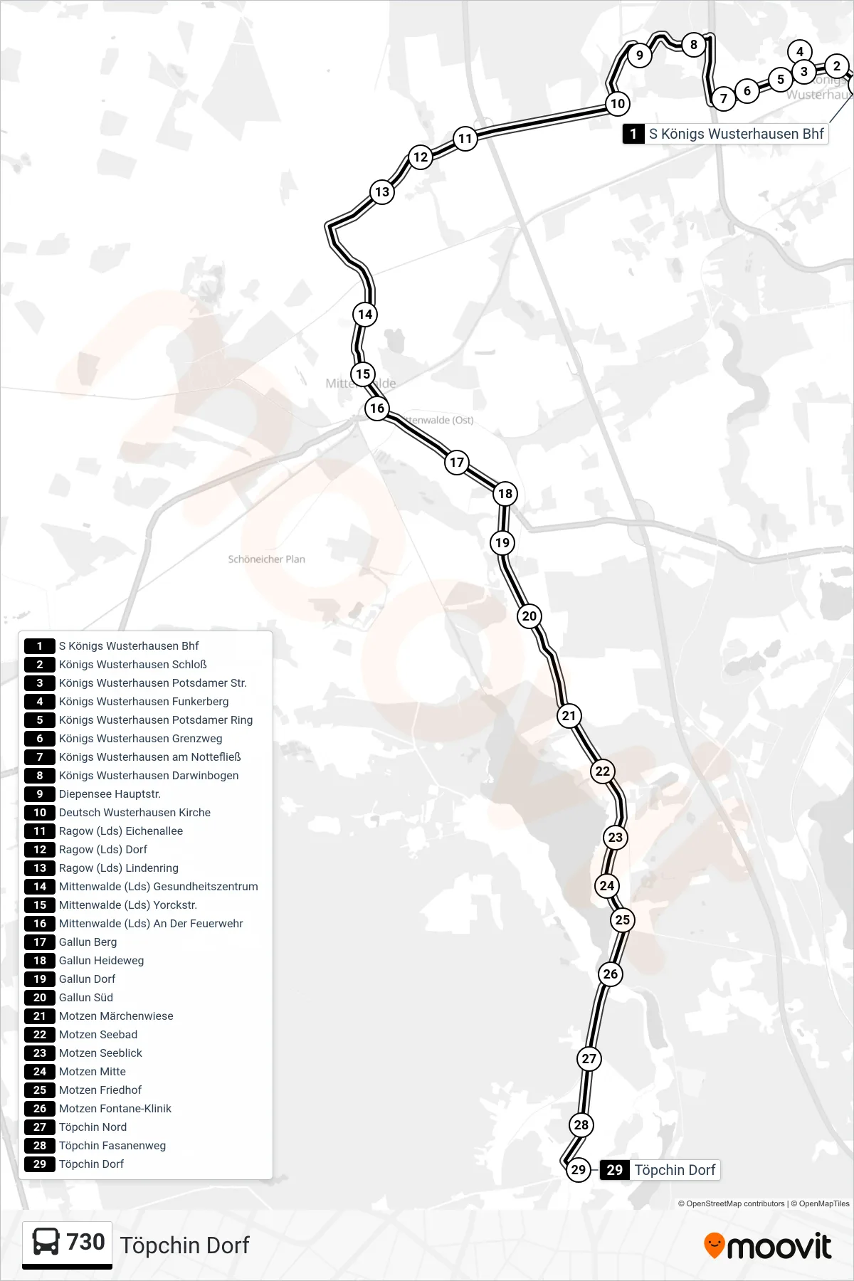 Linie 730 (Bus) Richtung Töpchin Dorf: Route und Haltestellen auf der Karte