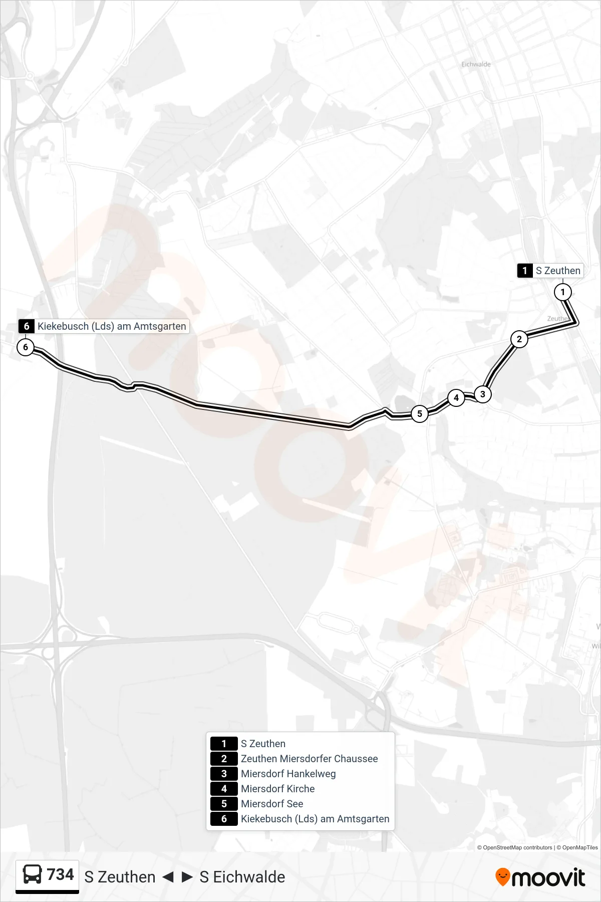 Linie 734 (Bus) Richtung Kiekebusch (Lds) am Amtsgarten: Route und Haltestellen auf der Karte