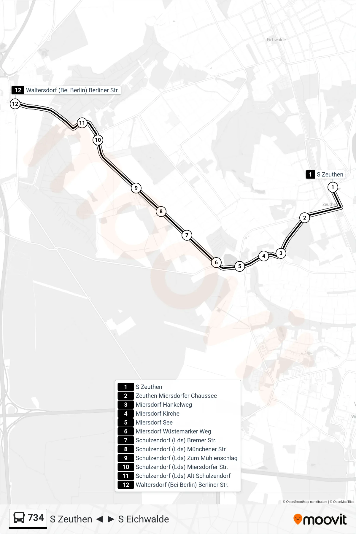 Linie 734 (Bus) Richtung Waltersdorf (Bei Berlin) Berliner Str.: Route und Haltestellen auf der Karte