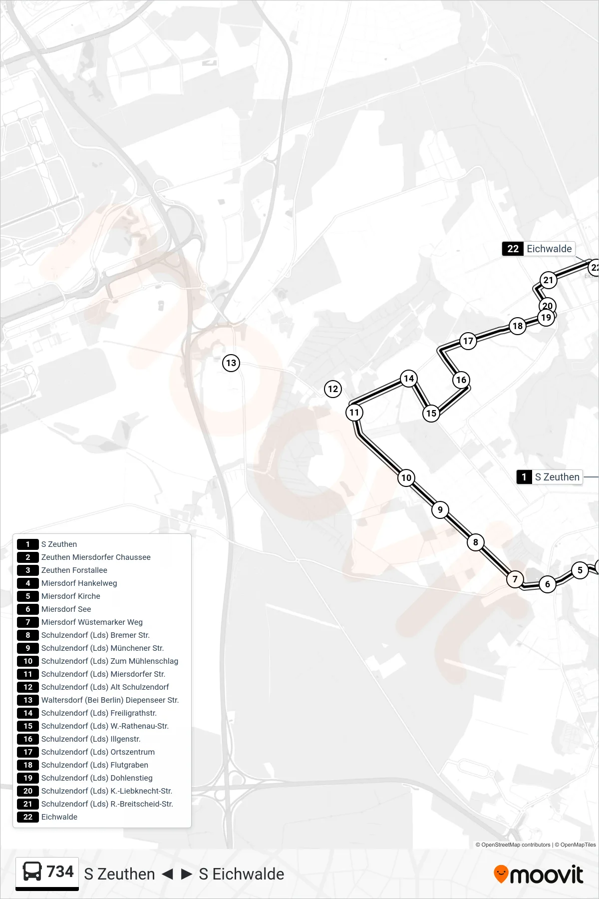 Linie 734 (Bus) Richtung S Eichwalde: Route und Haltestellen auf der Karte