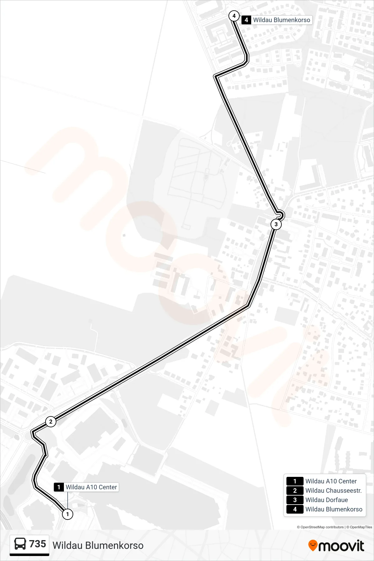 Linie 735 (Bus) Richtung Wildau Blumenkorso: Route und Haltestellen auf der Karte