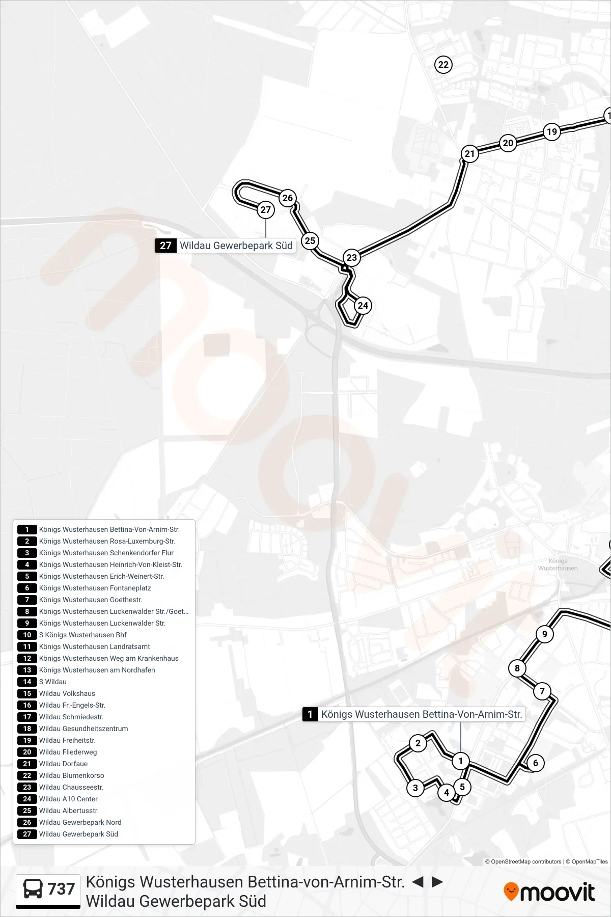 737 bus Line (Wildau Gewerbepark Süd) route and stops on a map