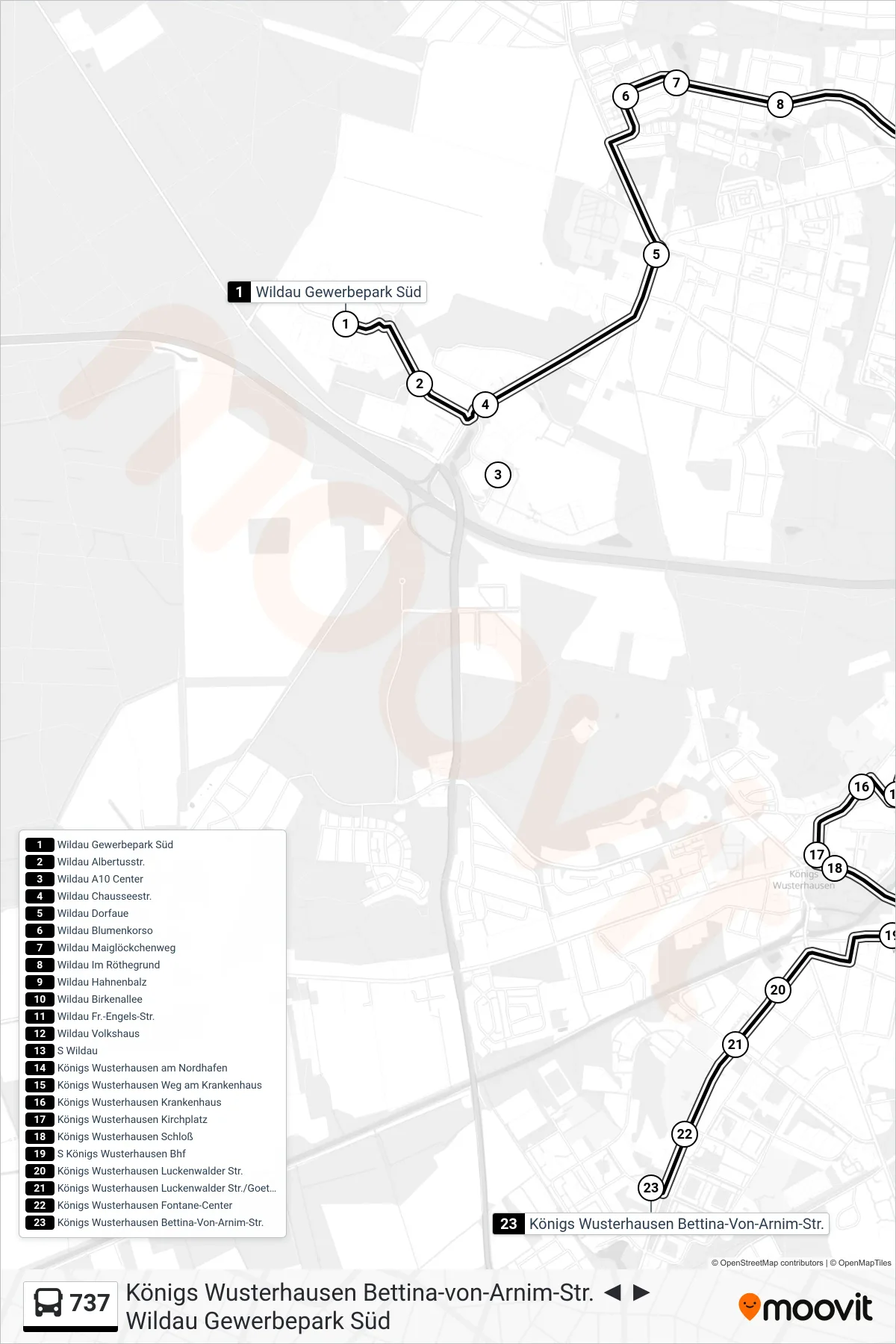 Linie 737 (Bus) Richtung Königs Wusterhausen Bettina-Von-Arnim-Str.: Route und Haltestellen auf der Karte