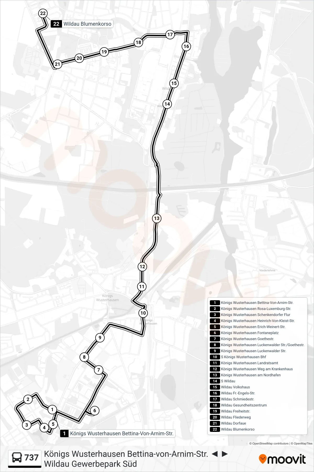 737 bus Line (Wildau Blumenkorso) route and stops on a map
