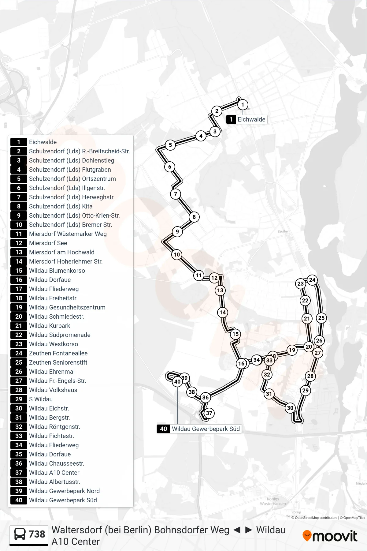 Linie 738 (Bus) Richtung Wildau Gewerbepark Süd: Route und Haltestellen auf der Karte