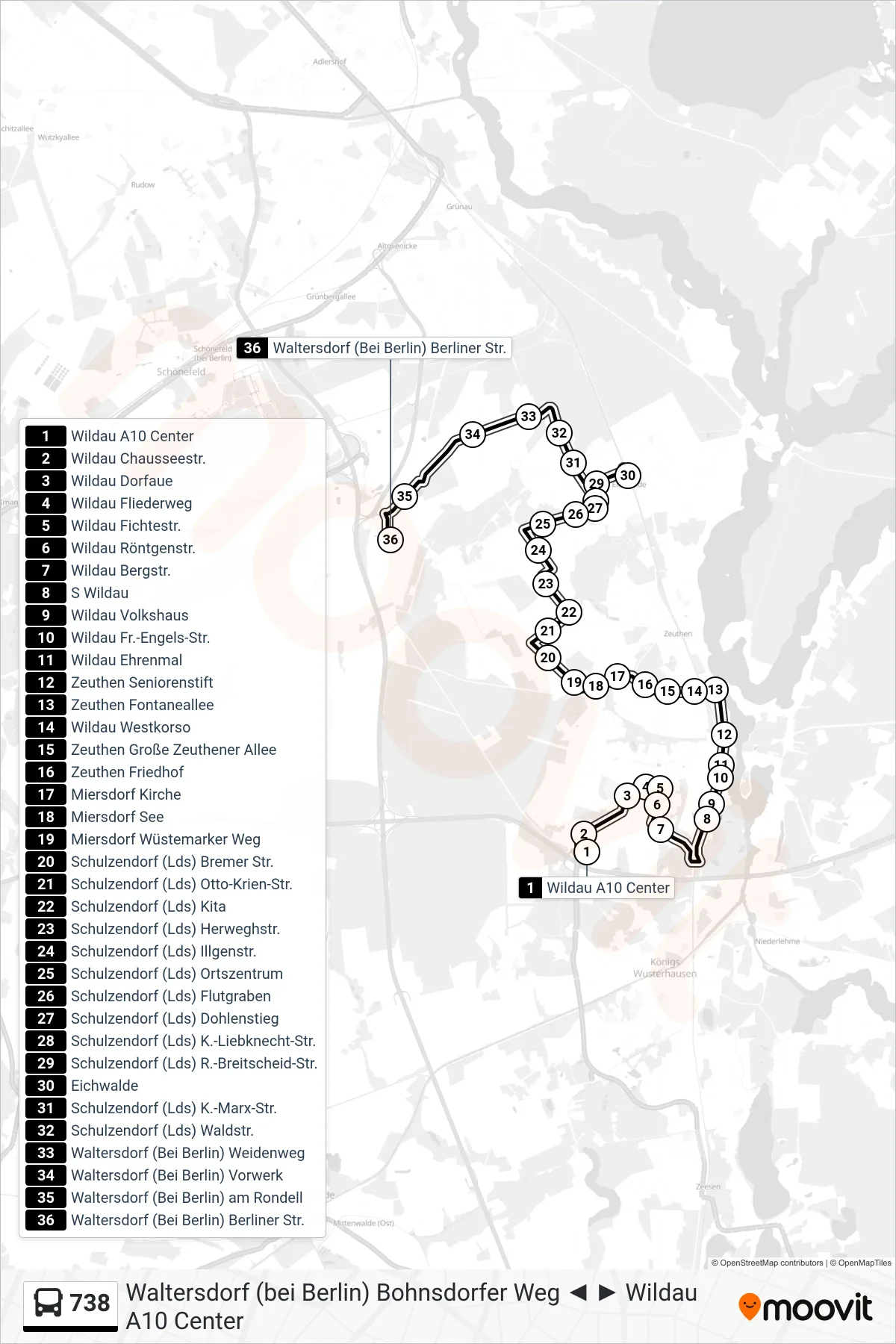 Linie 738 (Bus) Richtung Waltersdorf (Bei Berlin) Berliner Str.: Route und Haltestellen auf der Karte