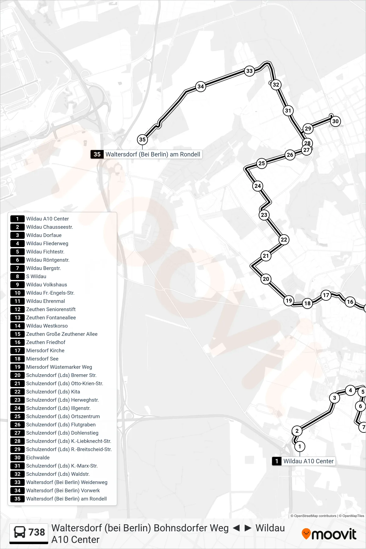 Linie 738 (Bus) Richtung Waltersdorf (Bei Berlin) am Rondell: Route und Haltestellen auf der Karte