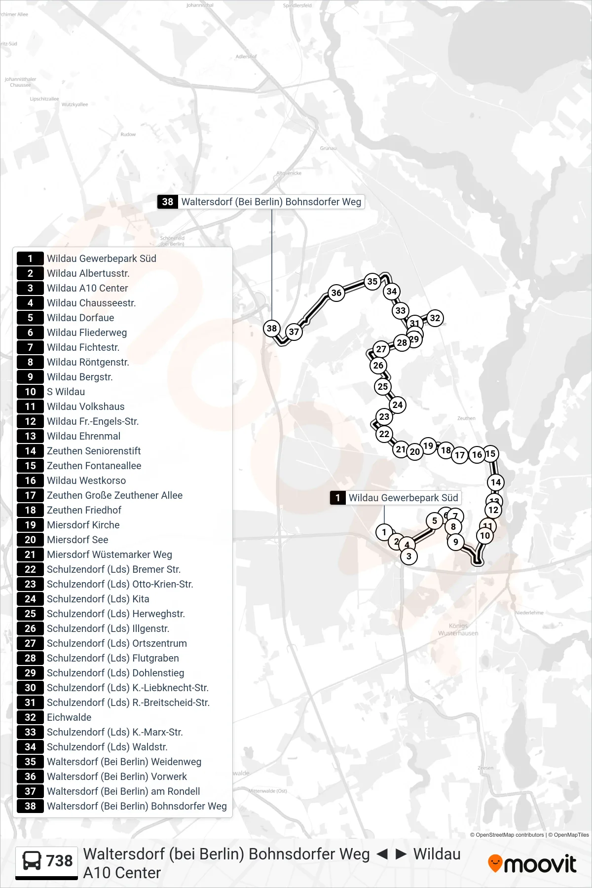 Linie 738 (Bus) Richtung Waltersdorf (Bei Berlin) Bohnsdorfer Weg: Route und Haltestellen auf der Karte