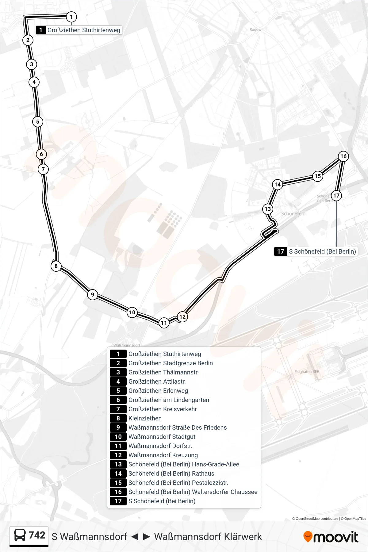 742 bus Line (S Schönefeld (Bei Berlin)) route and stops on a map