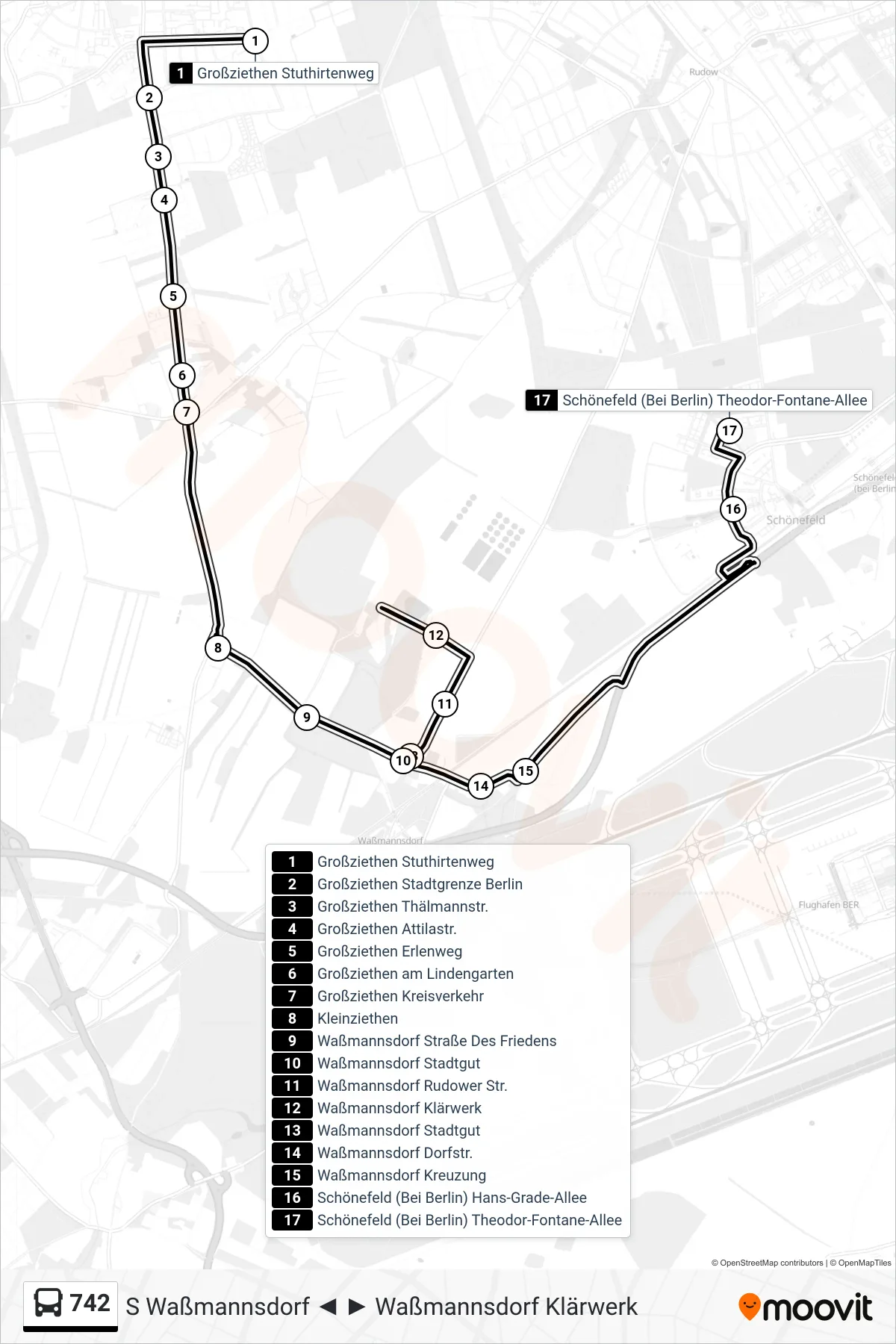 Linie 742 (Bus) Richtung Schönefeld (Bei Berlin) Theodor-Fontane-Allee: Route und Haltestellen auf der Karte