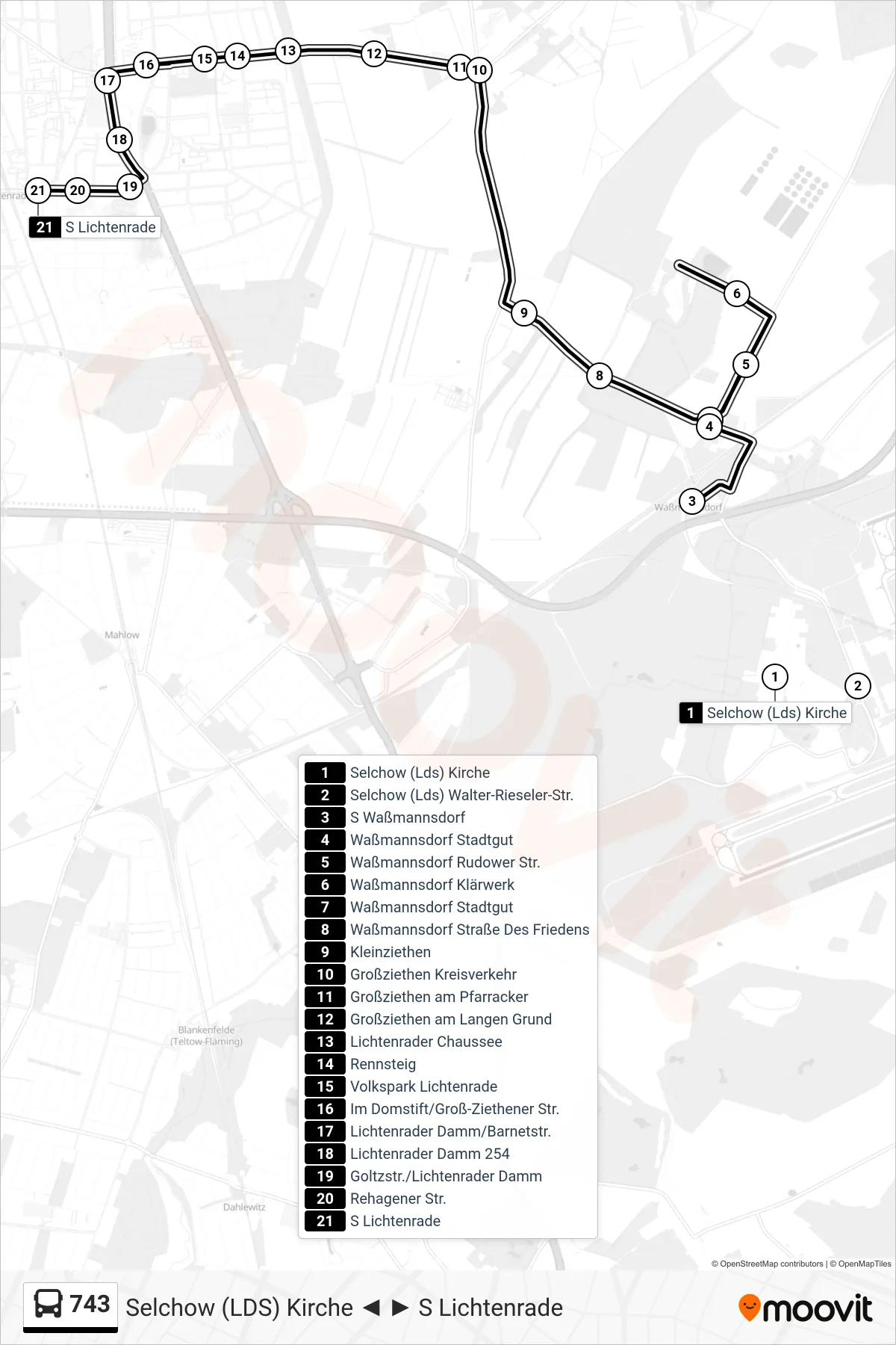 743 bus Line (S Lichtenrade) route and stops on a map