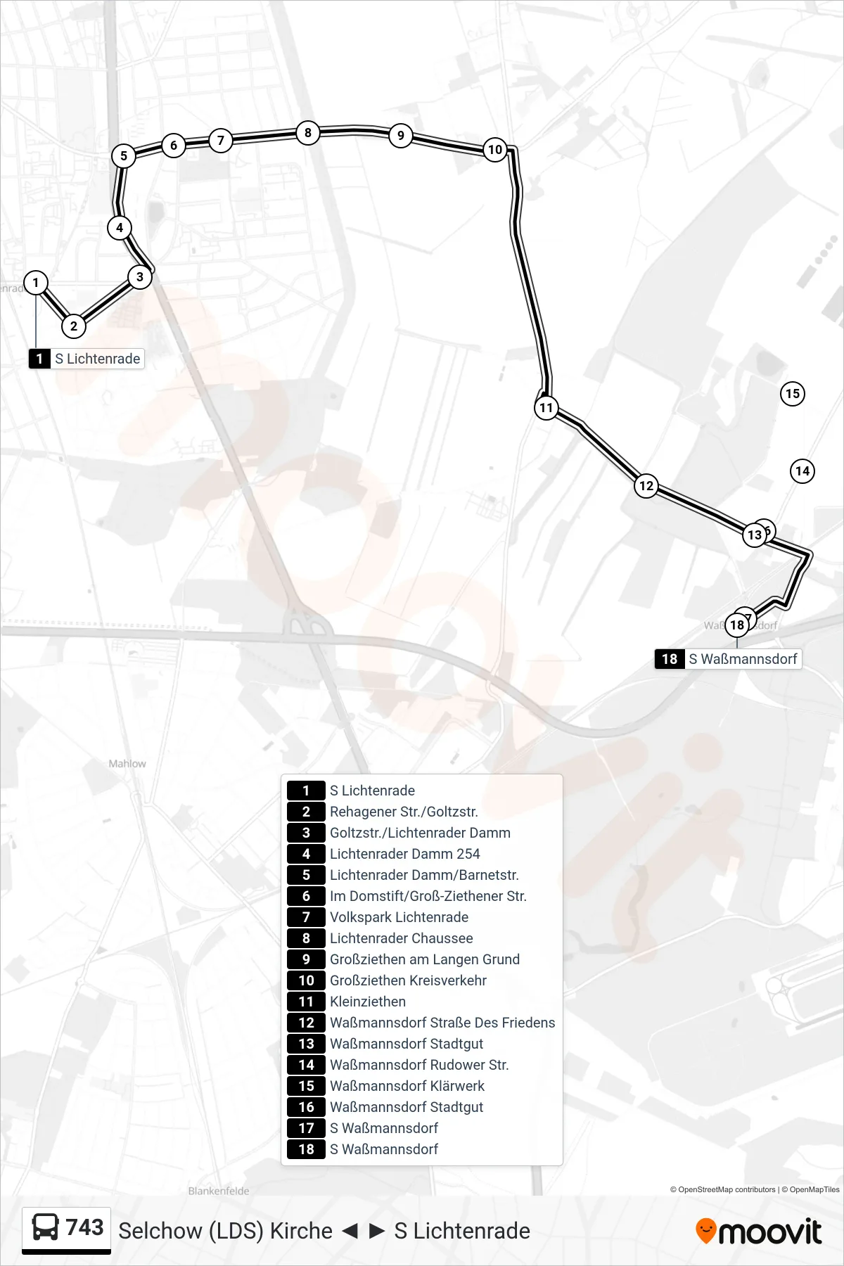Linie 743 (Bus) Richtung S Waßmannsdorf: Route und Haltestellen auf der Karte
