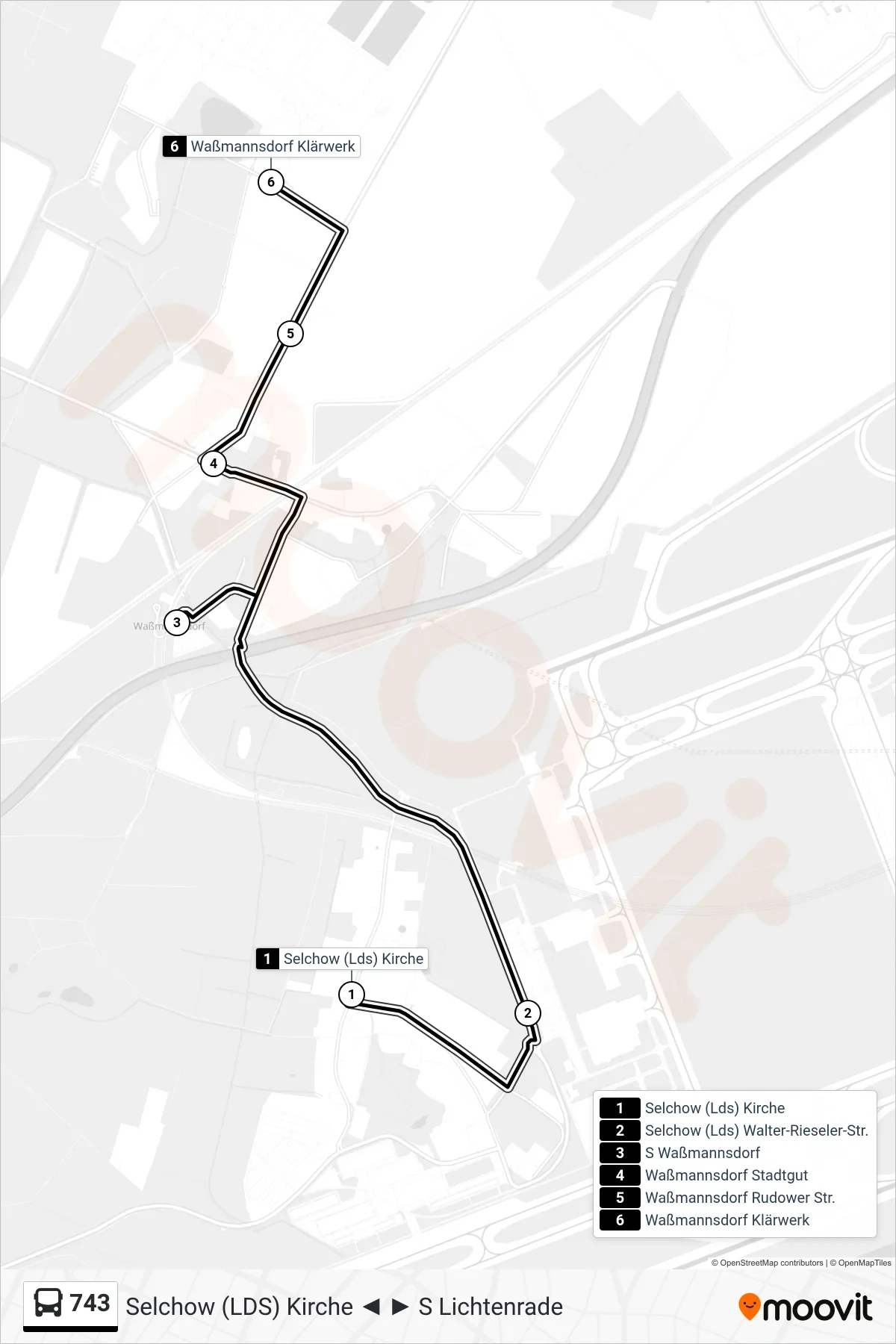Linie 743 (Bus) Richtung Waßmannsdorf Klärwerk: Route und Haltestellen auf der Karte