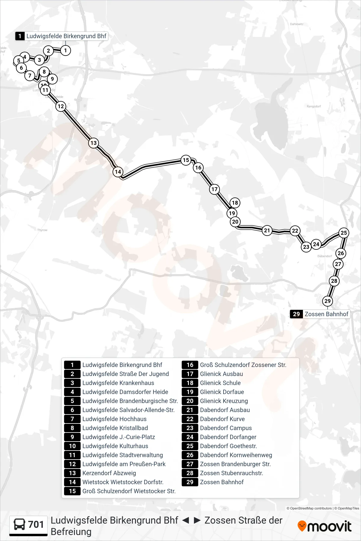 Linie 701 (Bus) Richtung Zossen Bahnhof: Route und Haltestellen auf der Karte