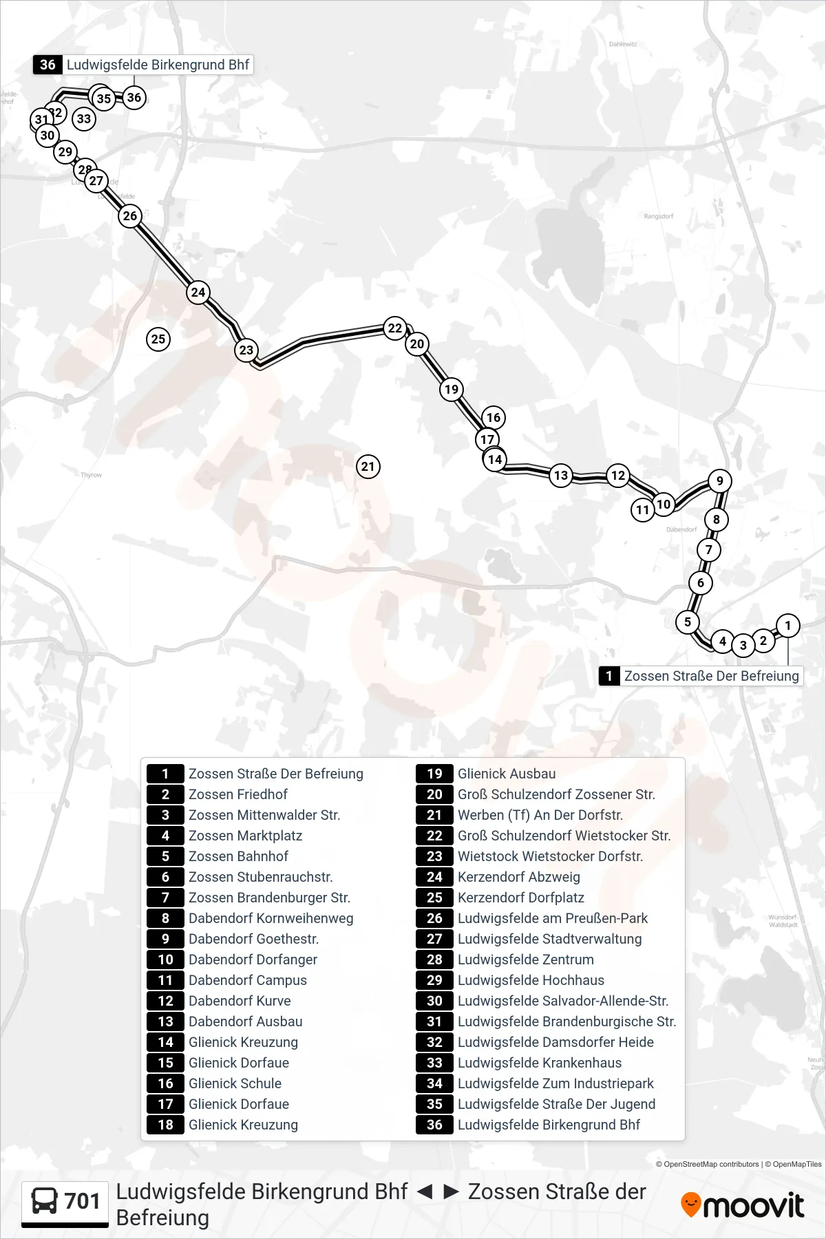 Linie 701 (Bus) Richtung Ludwigsfelde Birkengrund Bhf: Route und Haltestellen auf der Karte