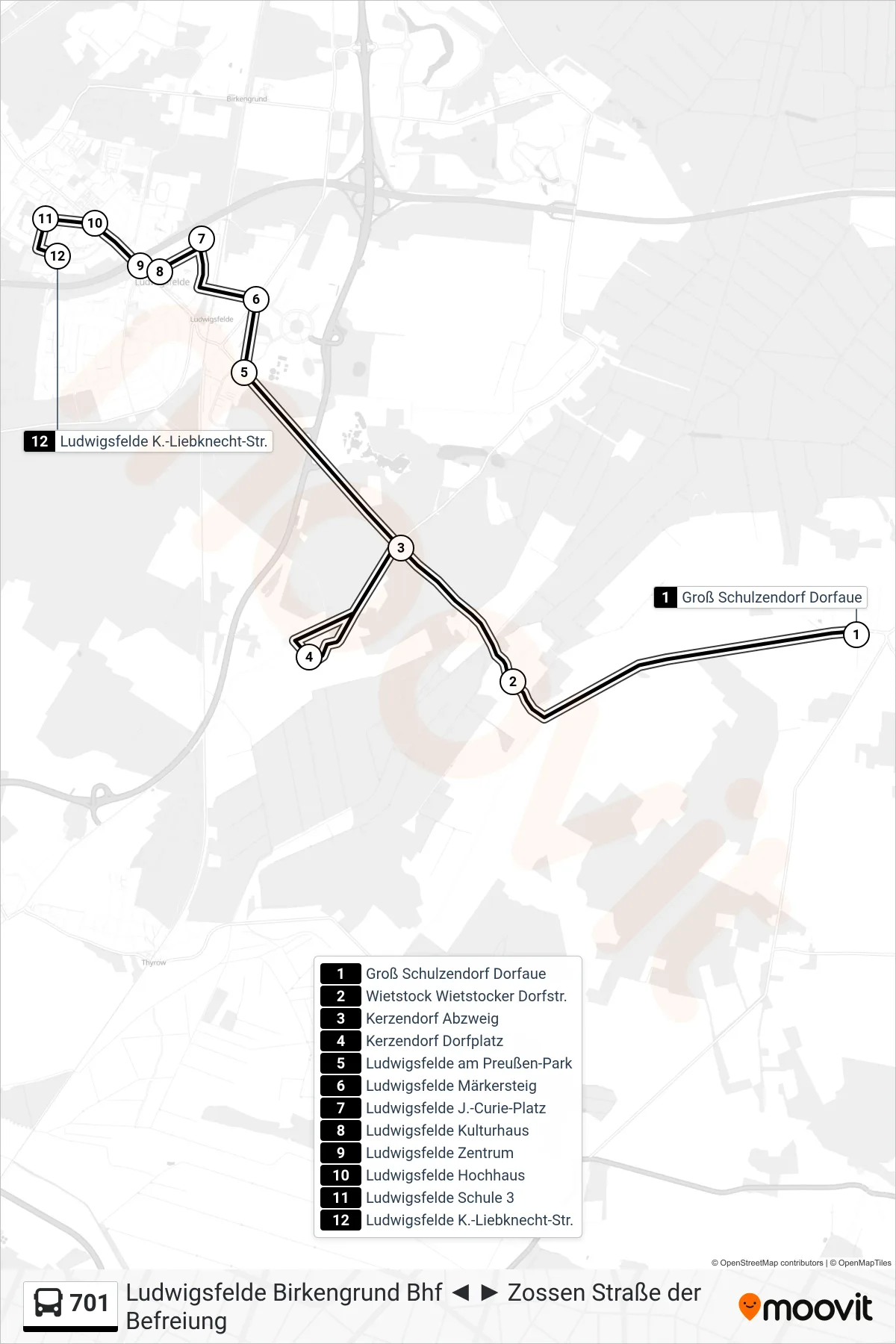Linie 701 (Bus) Richtung Ludwigsfelde K.-Liebknecht-Str.: Route und Haltestellen auf der Karte