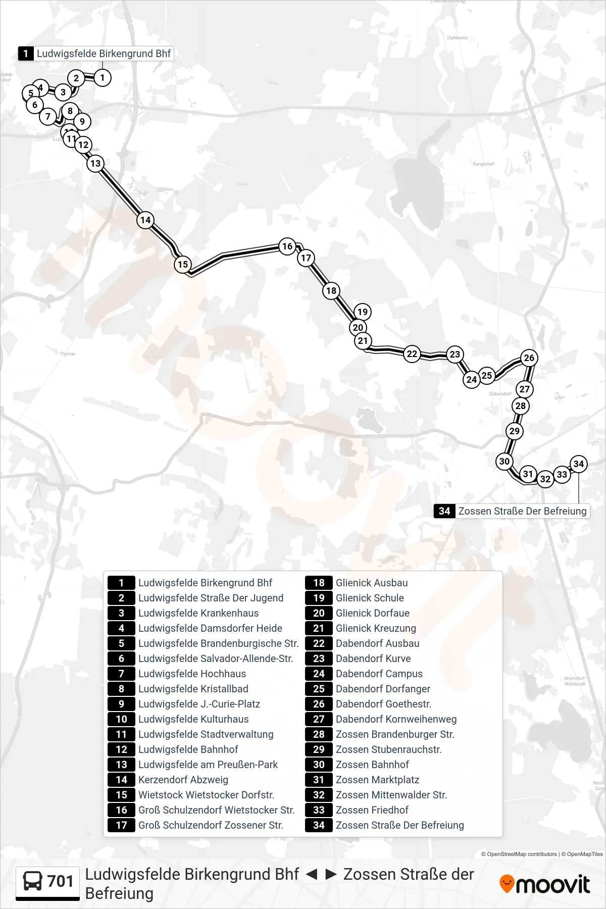 Linie 701 (Bus) Richtung Zossen Straße Der Befreiung: Route und Haltestellen auf der Karte