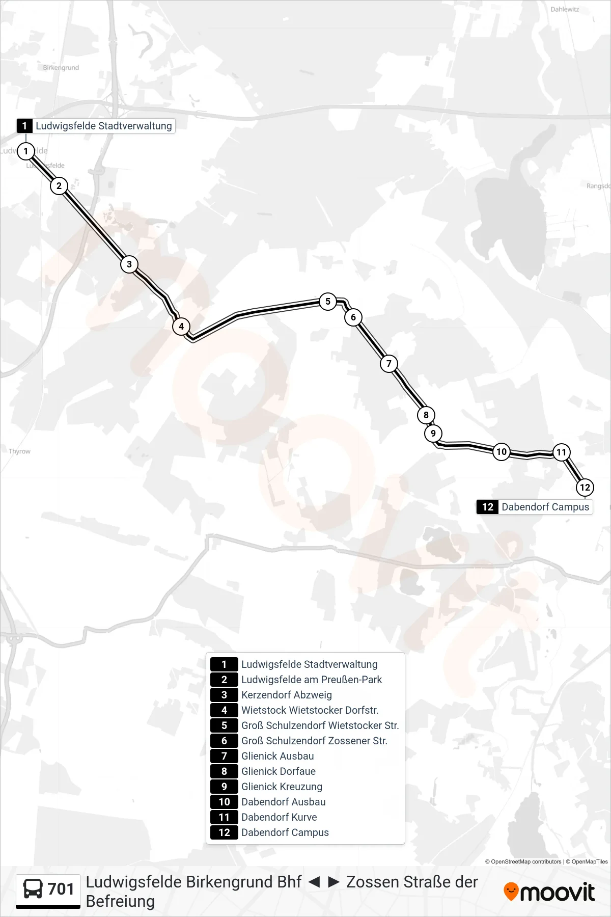 Linie 701 (Bus) Richtung Dabendorf Campus: Route und Haltestellen auf der Karte