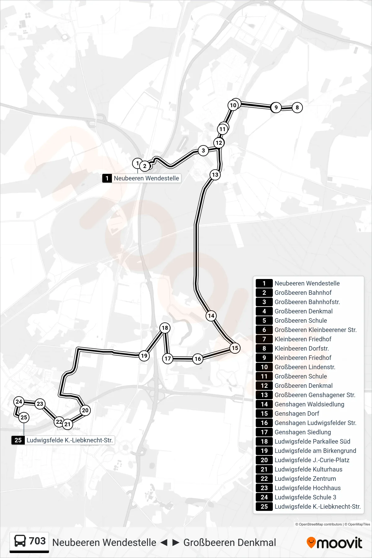 Linie 703 (Bus) Richtung Ludwigsfelde K.-Liebknecht-Str.: Route und Haltestellen auf der Karte