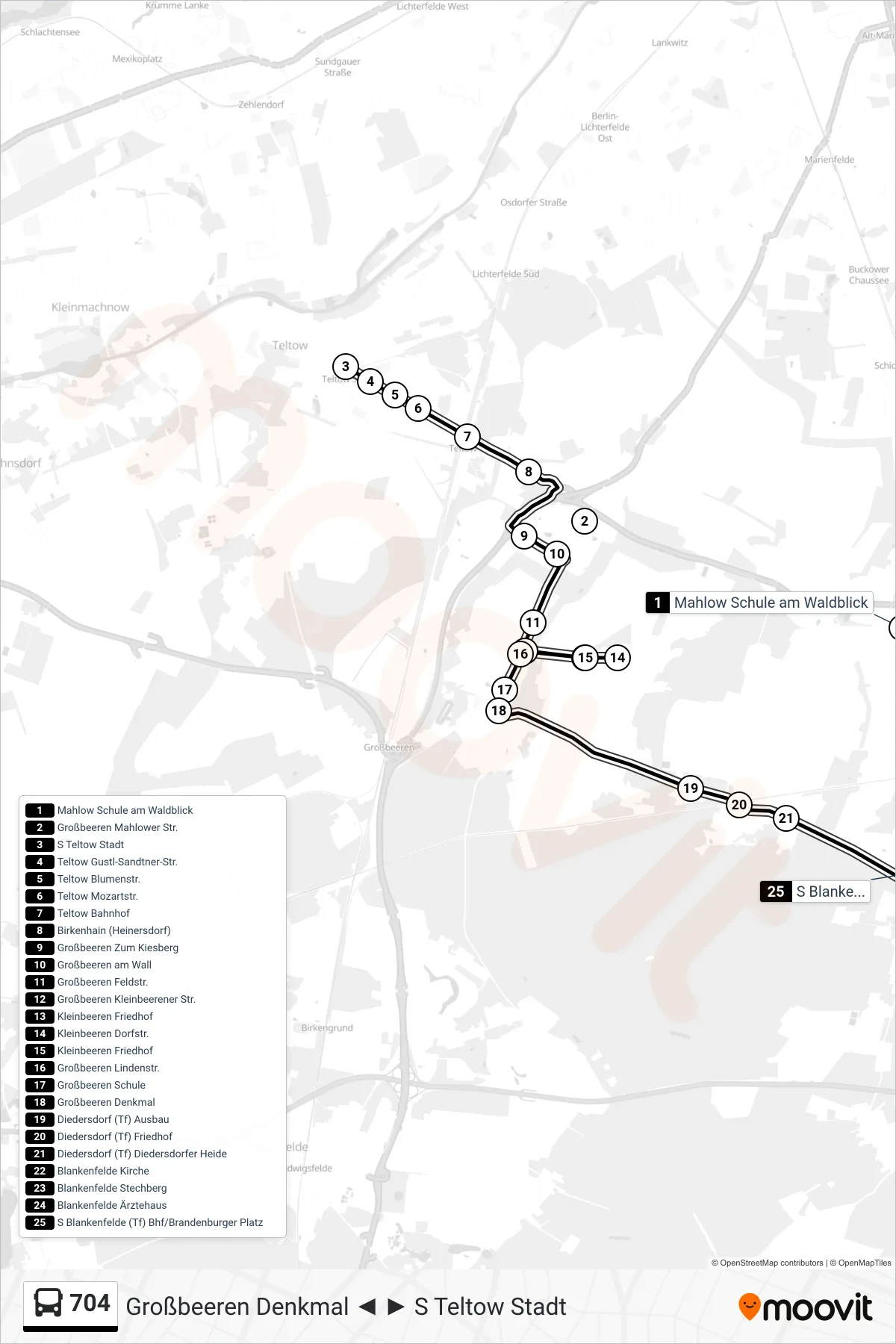 Linie 704 (Bus) Richtung S Blankenfelde (Tf) Bhf/Brandenburger Platz: Route und Haltestellen auf der Karte