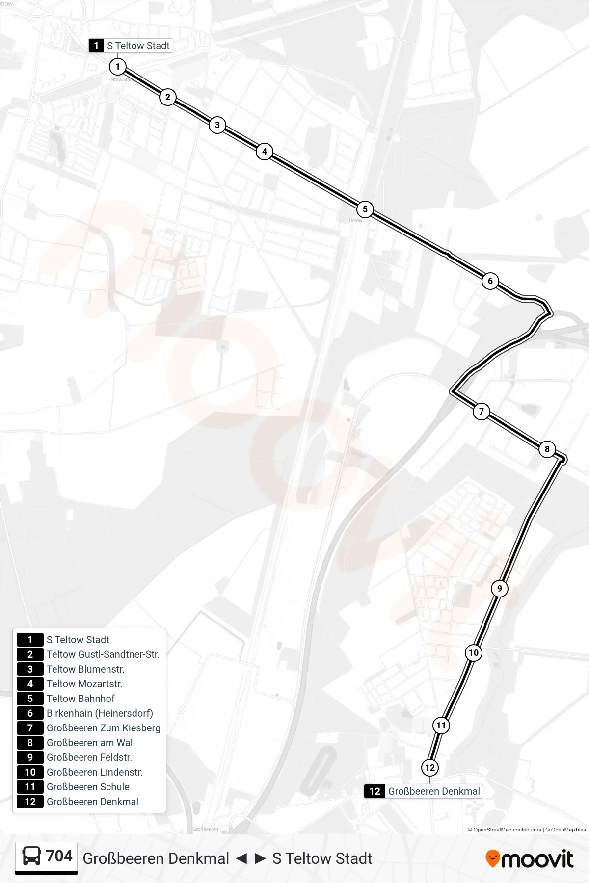 Linie 704 (Bus) Richtung Großbeeren Denkmal: Route und Haltestellen auf der Karte